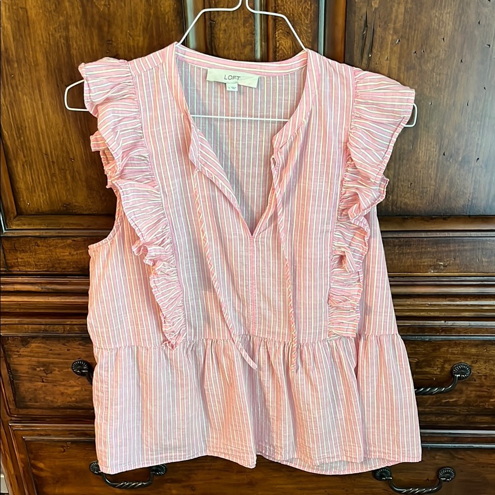 LOFT Pink and White Flutter Sleeve Peplum Blouse